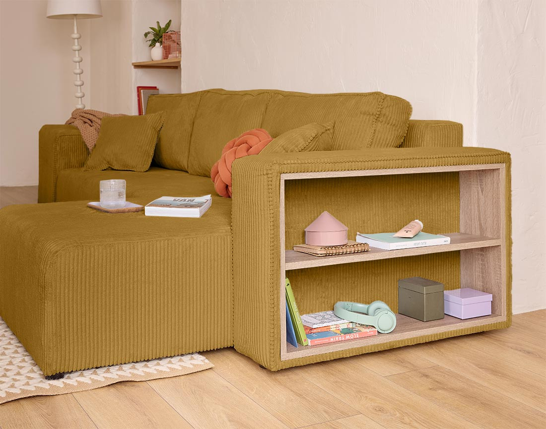 Canapé d'angle convertible en velours côtelé avec poufs Topaze