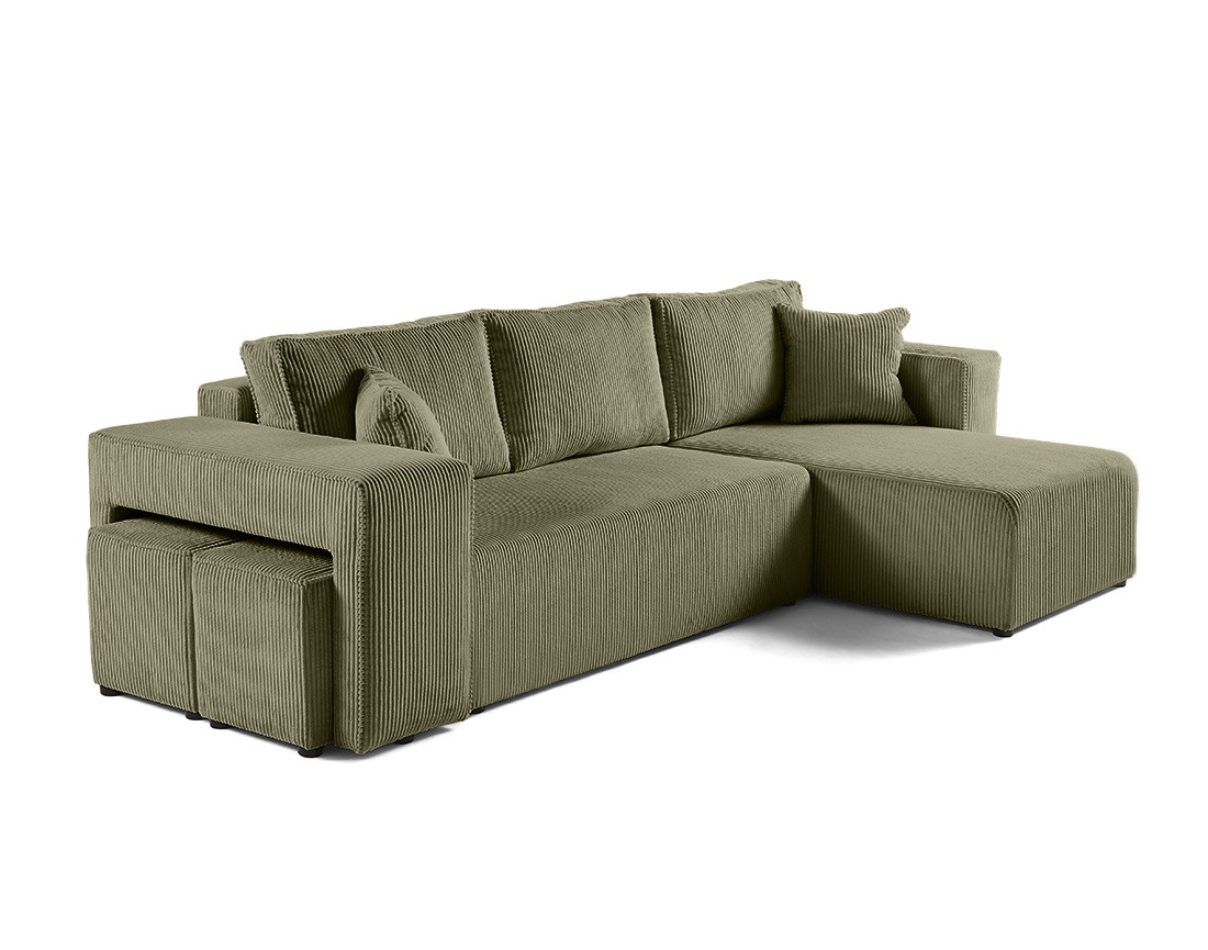 Canapé d'angle convertible en velours côtelé avec poufs Topaze