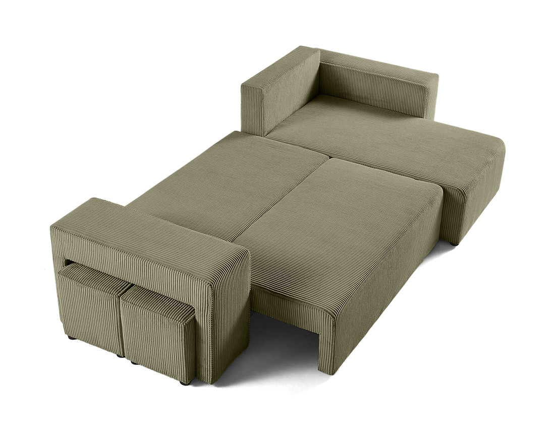 Canapé d'angle convertible en velours côtelé avec poufs Topaze
