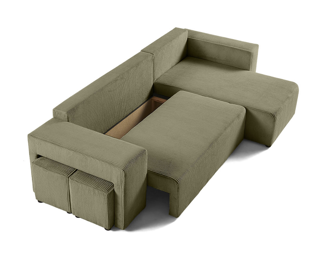 Canapé d'angle convertible en velours côtelé avec poufs Topaze