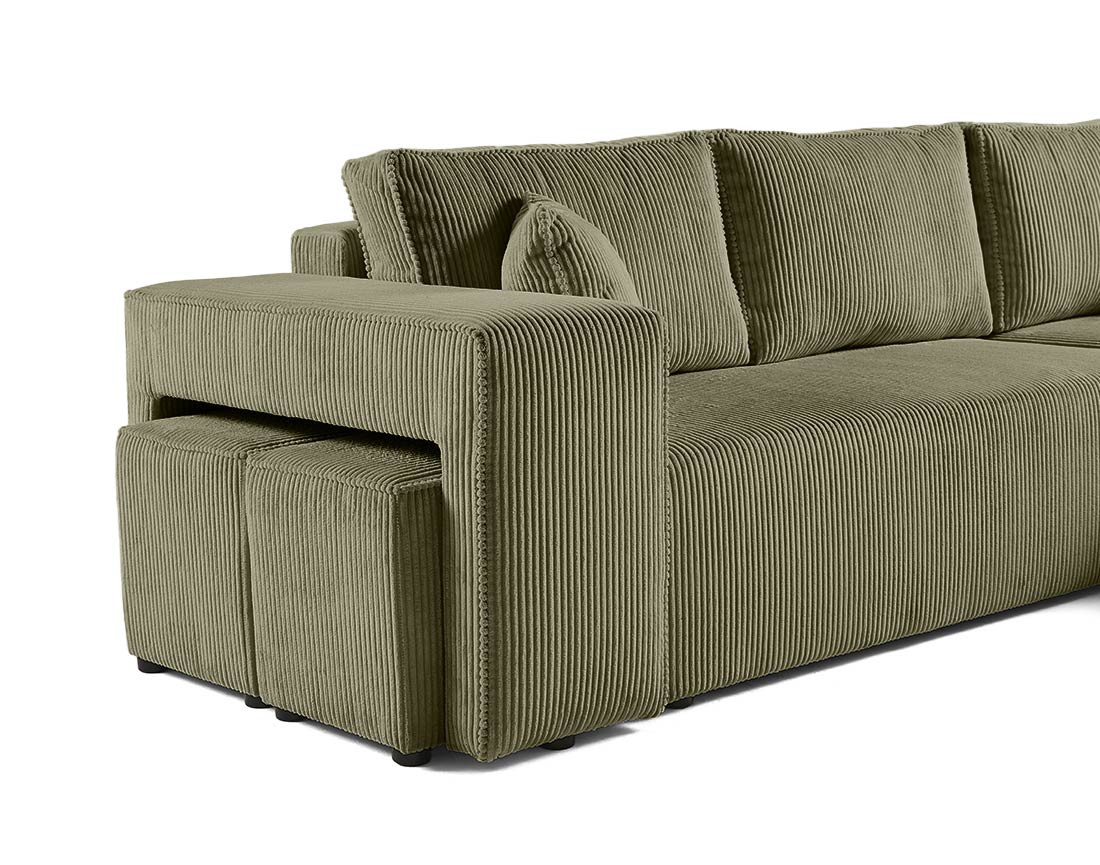 Canapé d'angle convertible en velours côtelé avec poufs Topaze