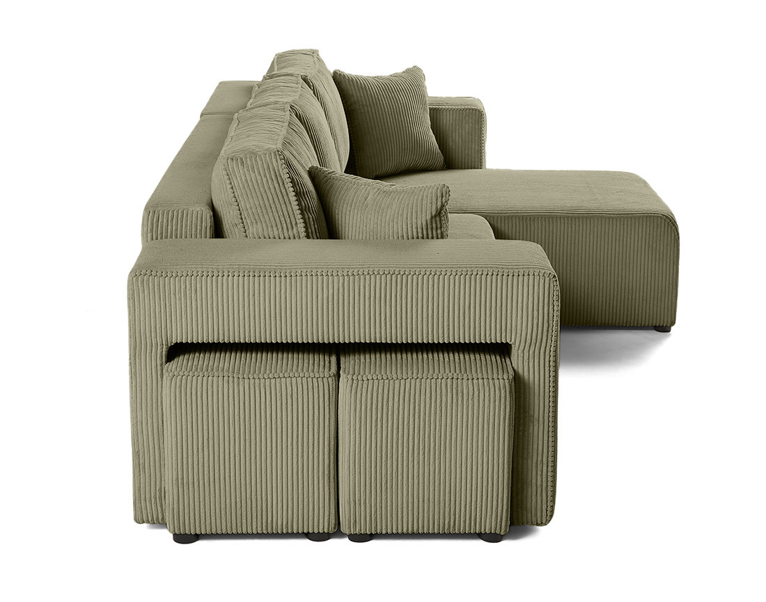 Canapé d'angle convertible en velours côtelé avec poufs Topaze