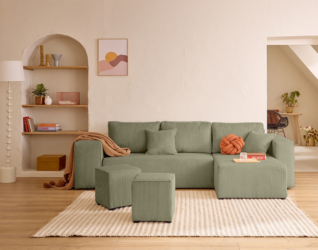 Canapé d'angle convertible en velours côtelé avec poufs Topaze
