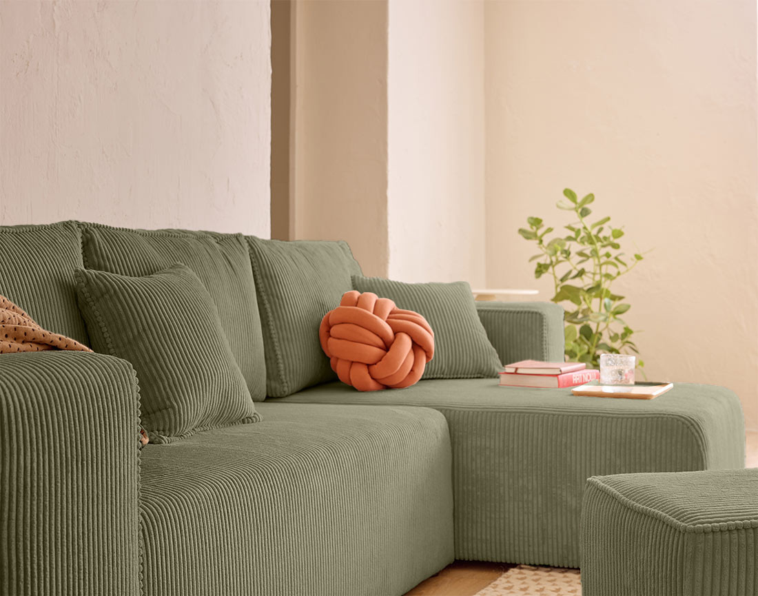 Canapé d'angle convertible en velours côtelé avec poufs Topaze