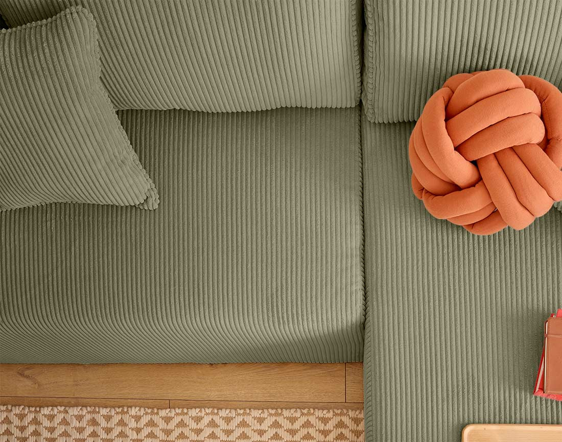 Canapé d'angle convertible en velours côtelé avec poufs Topaze