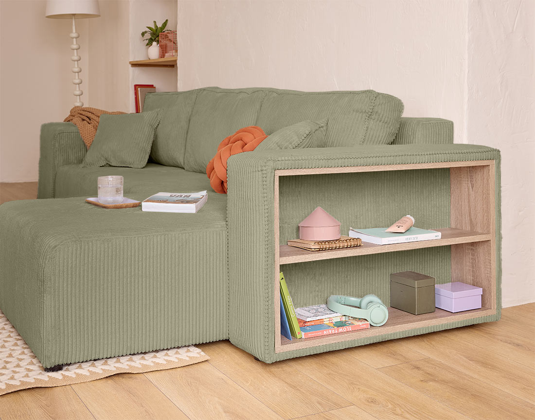 Canapé d'angle convertible en velours côtelé avec poufs Topaze
