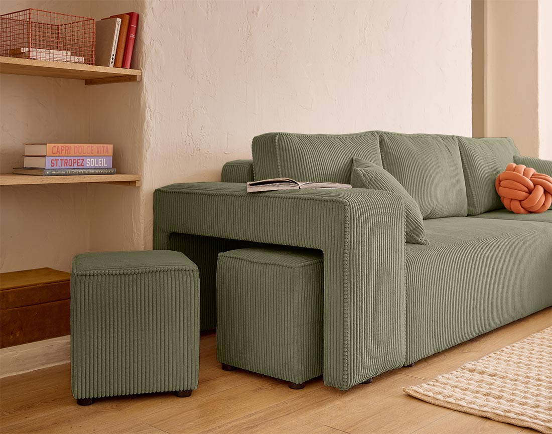 Canapé d'angle convertible en velours côtelé avec poufs Topaze