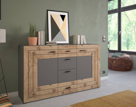 Buffet bas gris et bois 4 tiroirs et 2 portes 160 cm Wexford