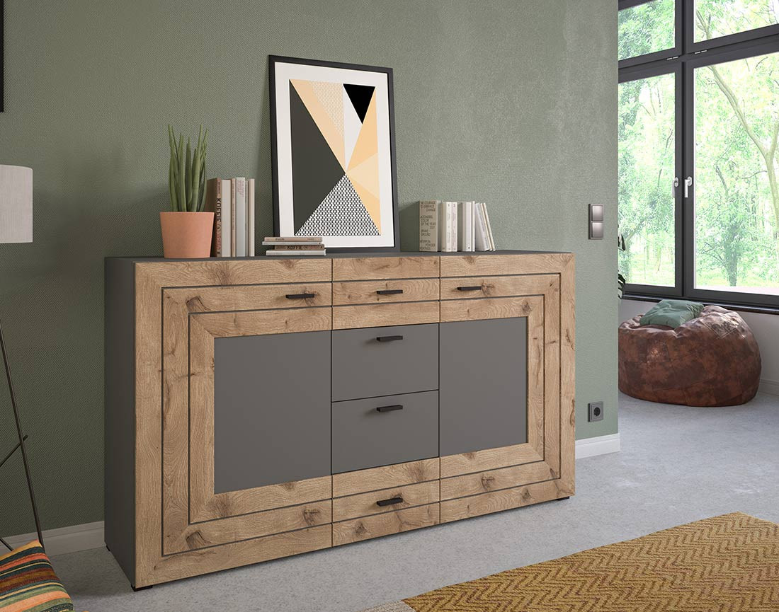 Buffet bas gris et bois 4 tiroirs et 2 portes 160 cm Wexford