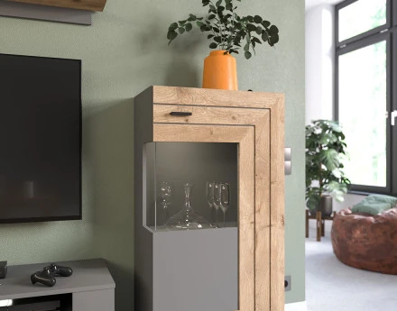 Vitrine gris et bois 1 porte 60x117 cm Wexford