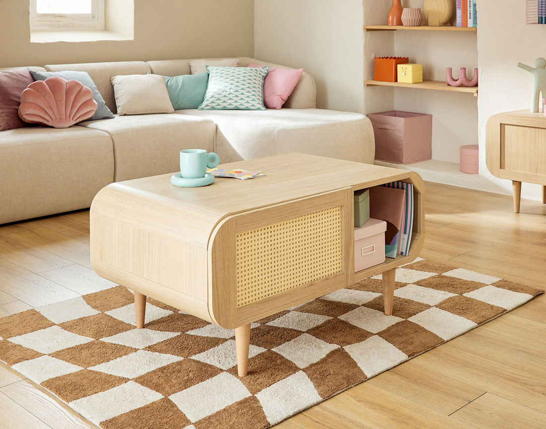 Table basse bois et cannage 1 niche 100 cm Mathilde