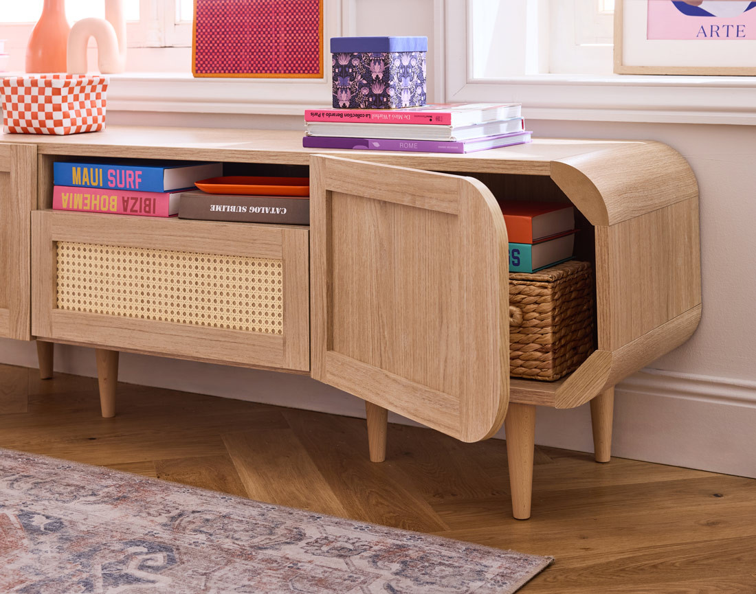 Meuble TV bois et cannage 2 portes, 1 tiroir et 1 niche 160 cm Mathilde