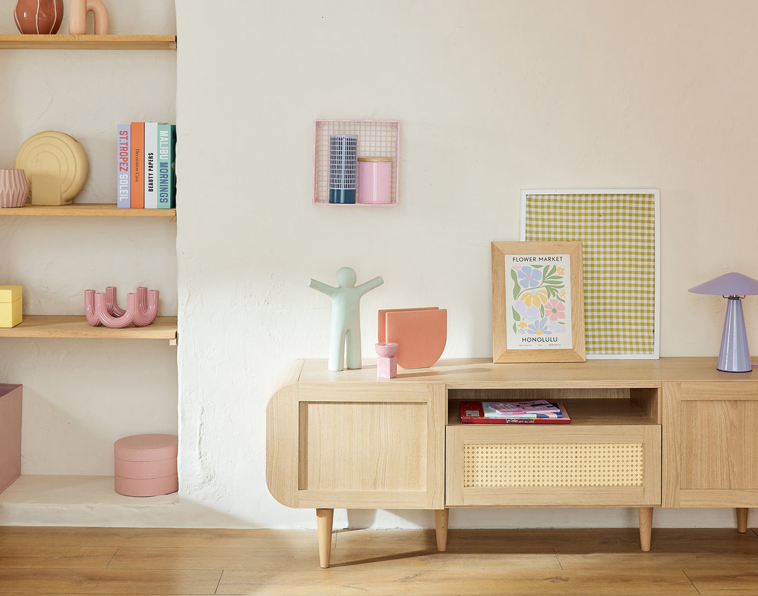 Meuble TV bois et cannage 2 portes, 1 tiroir et 1 niche 160 cm Mathilde