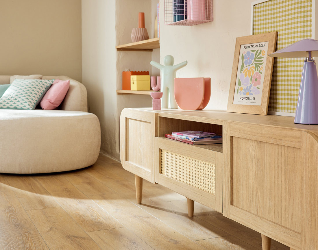 Meuble TV bois et cannage 2 portes, 1 tiroir et 1 niche 160 cm Mathilde