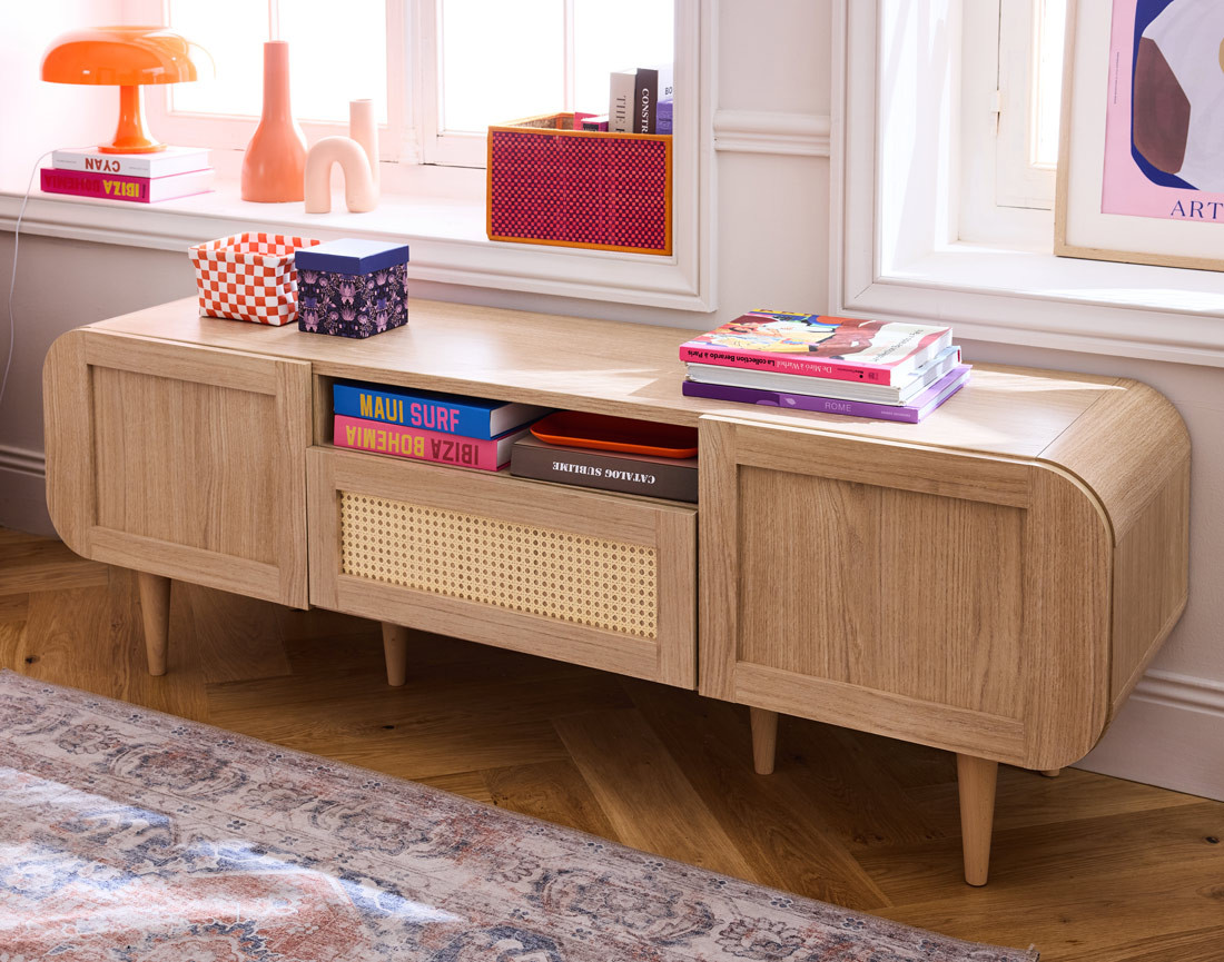 Meuble TV bois et cannage 2 portes, 1 tiroir et 1 niche 160 cm Mathilde