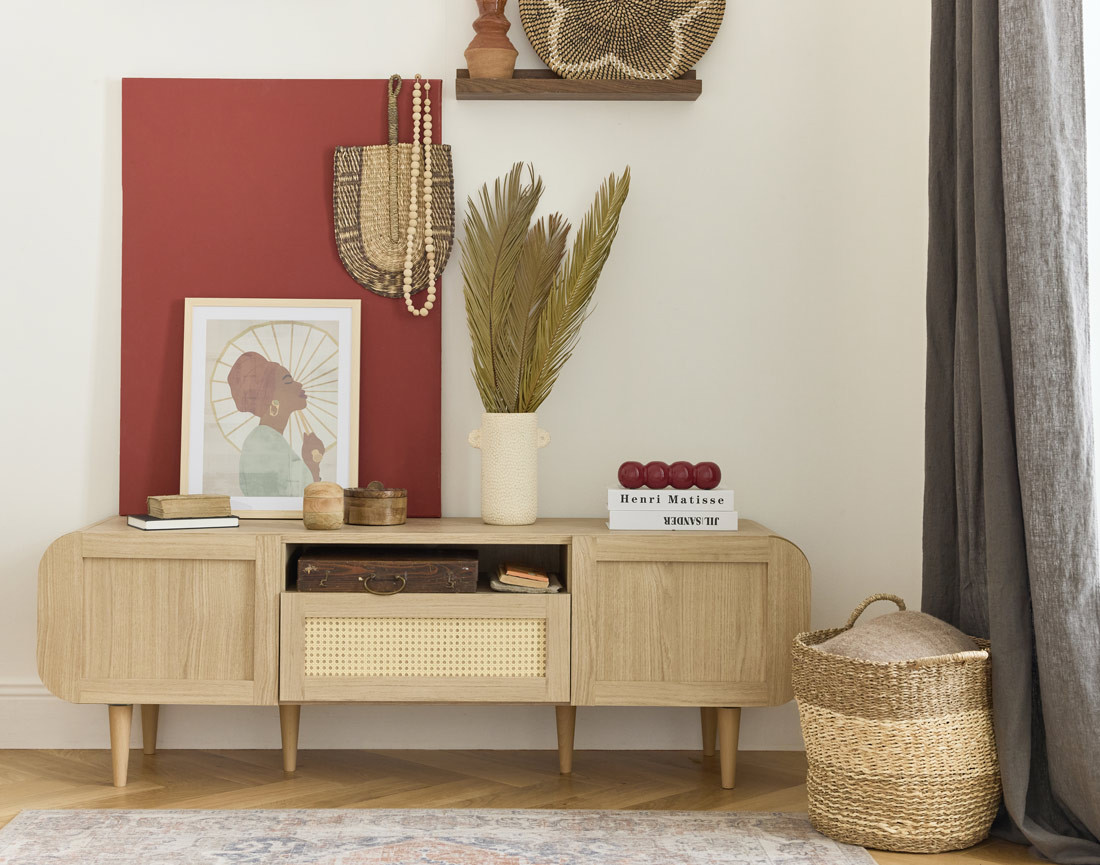 Meuble TV bois et cannage 2 portes, 1 tiroir et 1 niche 160 cm Mathilde