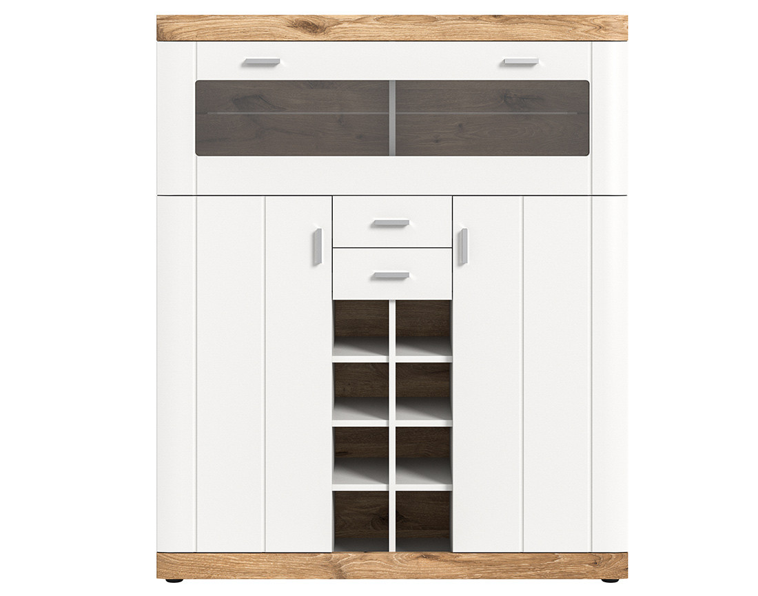 Buffet haut blanc et bois 8 niches, 3 portes et 2 tiroirs 142 cm Coventry