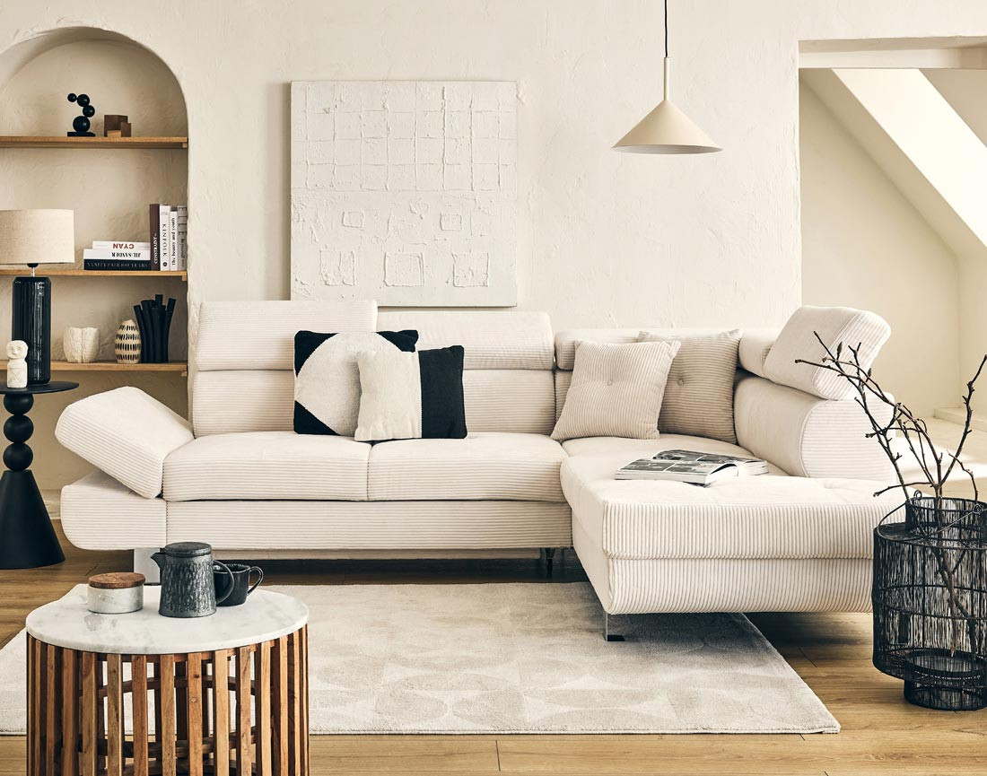 Canapé d'angle droit convertible et têtières en velours côtelé Lisbona