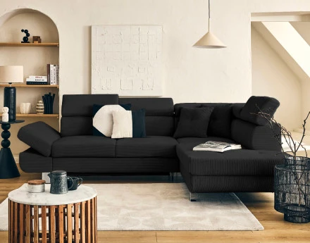 Canapé d'angle droit convertible et têtières en velours côtelé Lisbona