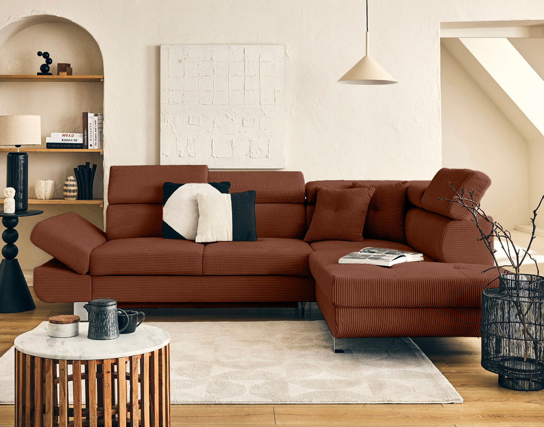 Canapé d'angle droit convertible et têtières en velours côtelé Lisbona