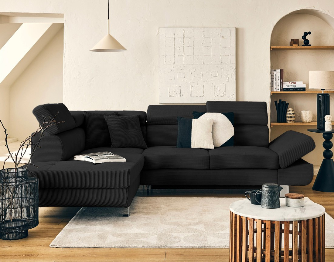 Canapé d'angle gauche convertible et têtières en velours côtelé Lisbona