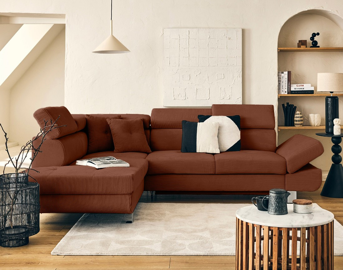 Canapé d'angle gauche convertible et têtières en velours côtelé Lisbona