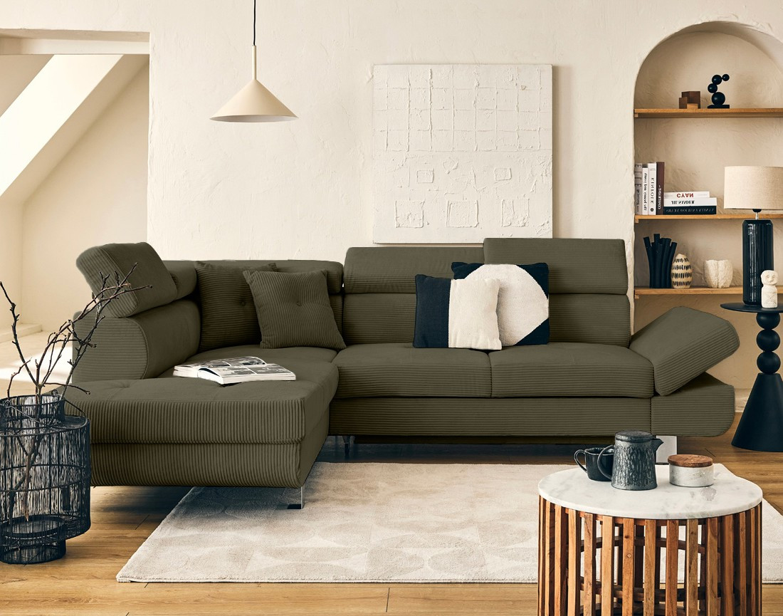 Canapé d'angle gauche convertible et têtières en velours côtelé Lisbona