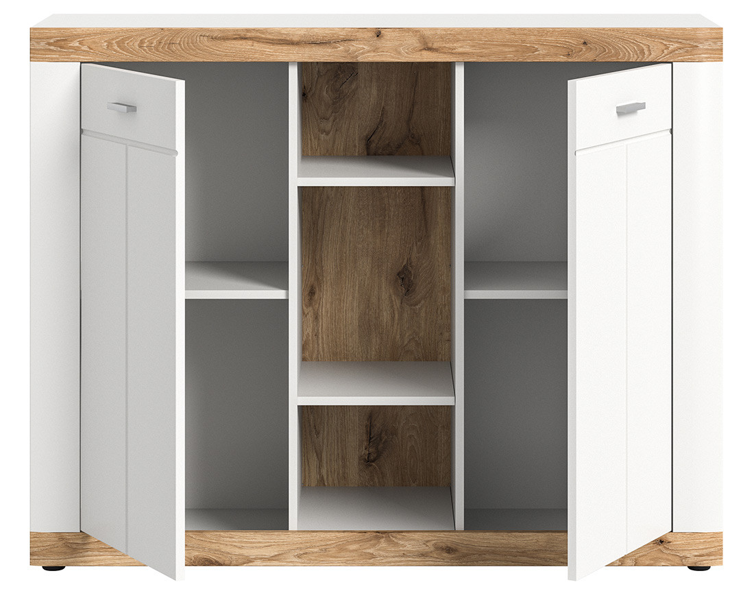 Buffet haut blanc et bois 3 tiroirs et 2 portes 104x131 cm Coventry