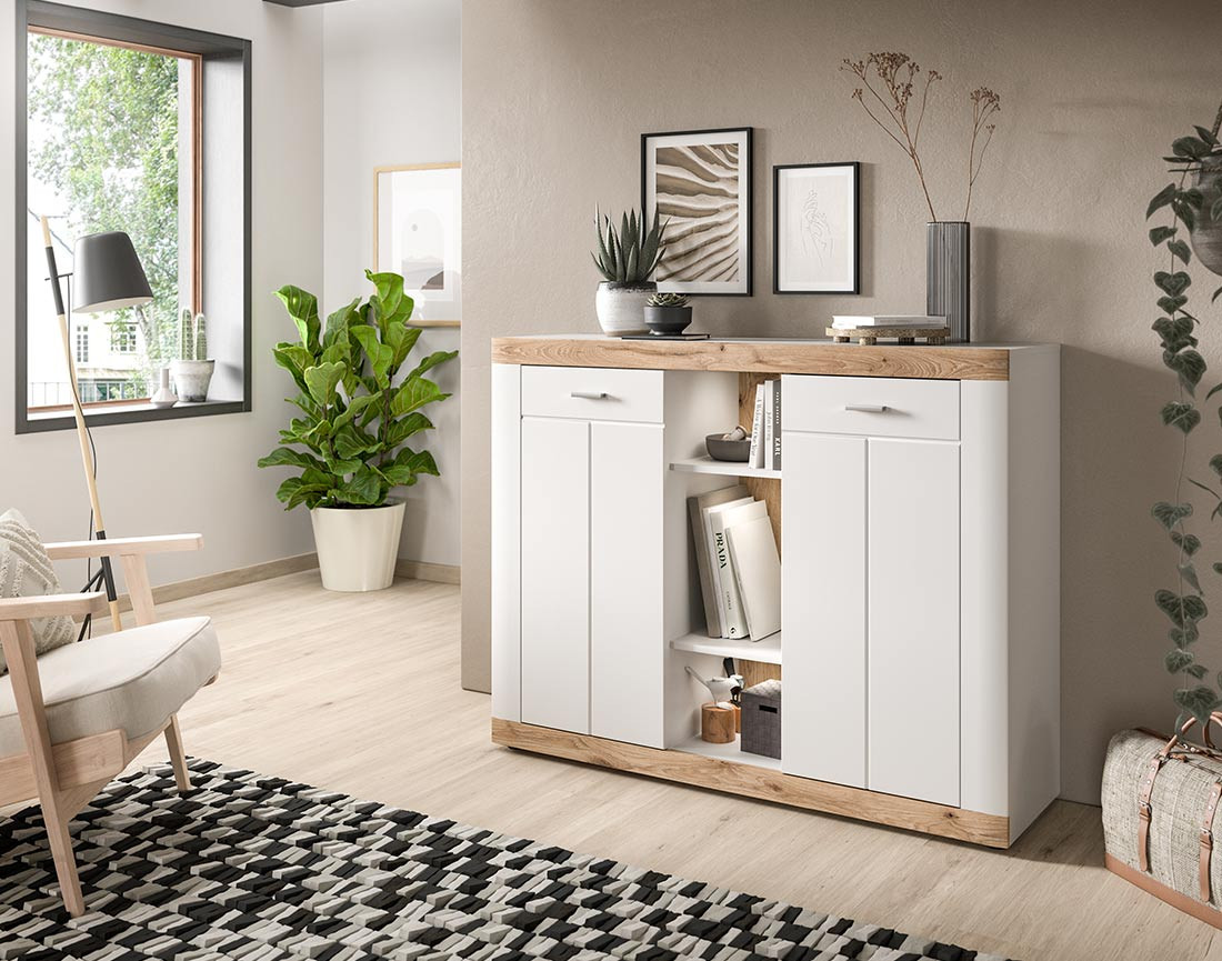 Buffet haut blanc et bois 3 tiroirs et 2 portes 104x131 cm Coventry