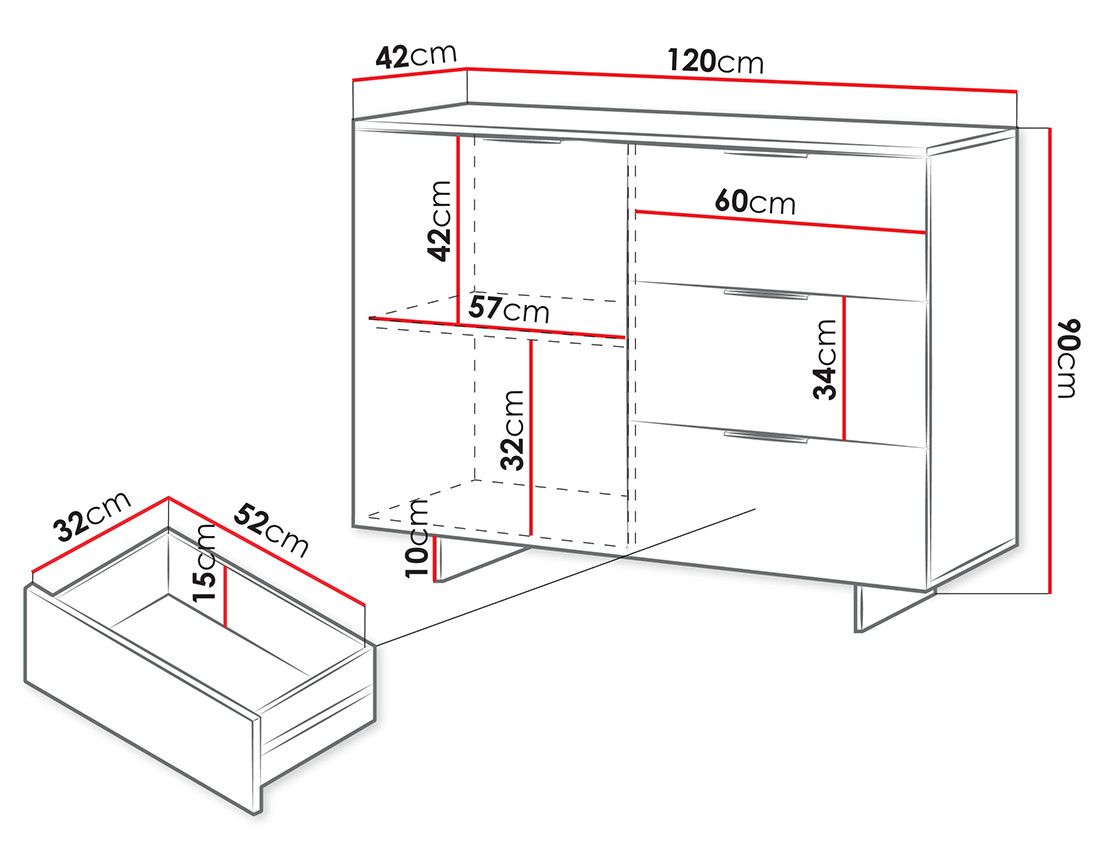 Buffet bas beige 3 tiroirs et 1 porte 120 cm Canterbury