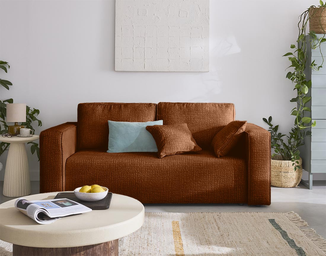 Canapé droit 2 places en tissu velours relief Topaze