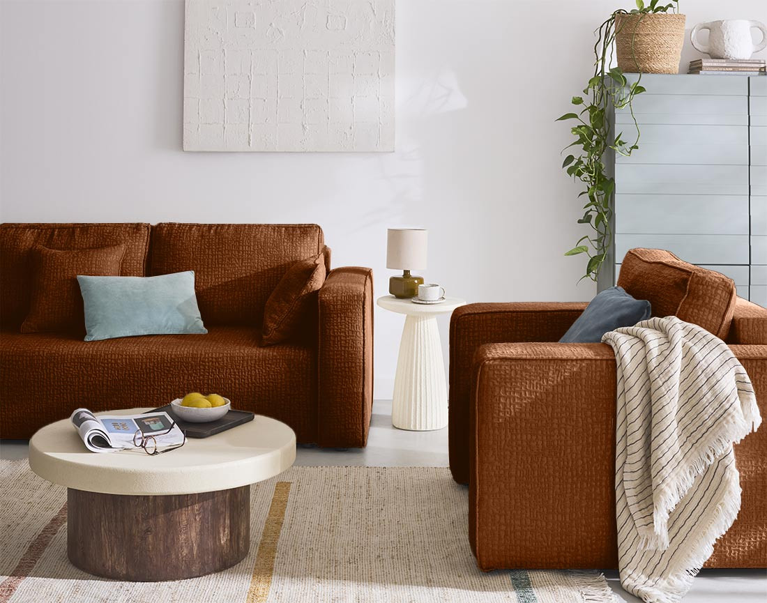 Canapé droit 2 places en tissu velours relief Topaze