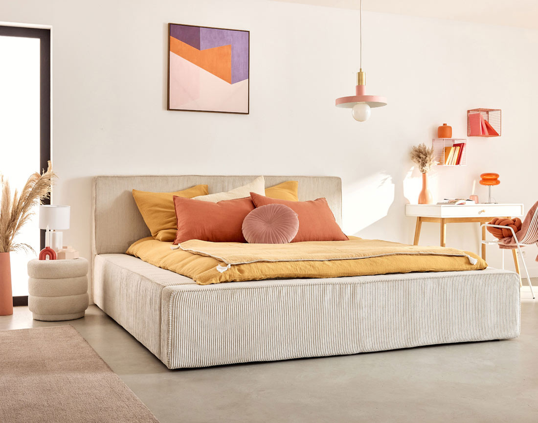 Lit coffre 180x200 cm sommier inclus velours côtelé Topaze