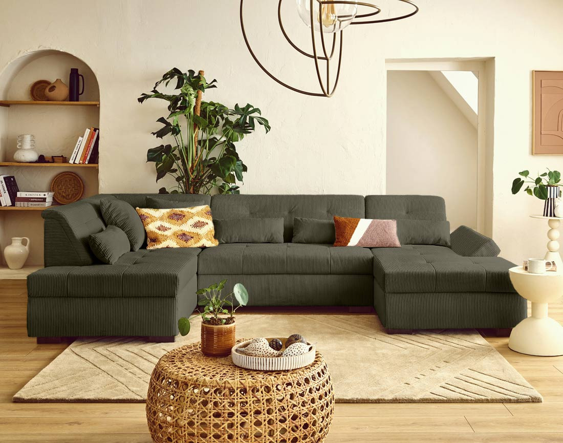 Canapé panoramique d'angle gauche 7 places en velours côtelé Vermont S