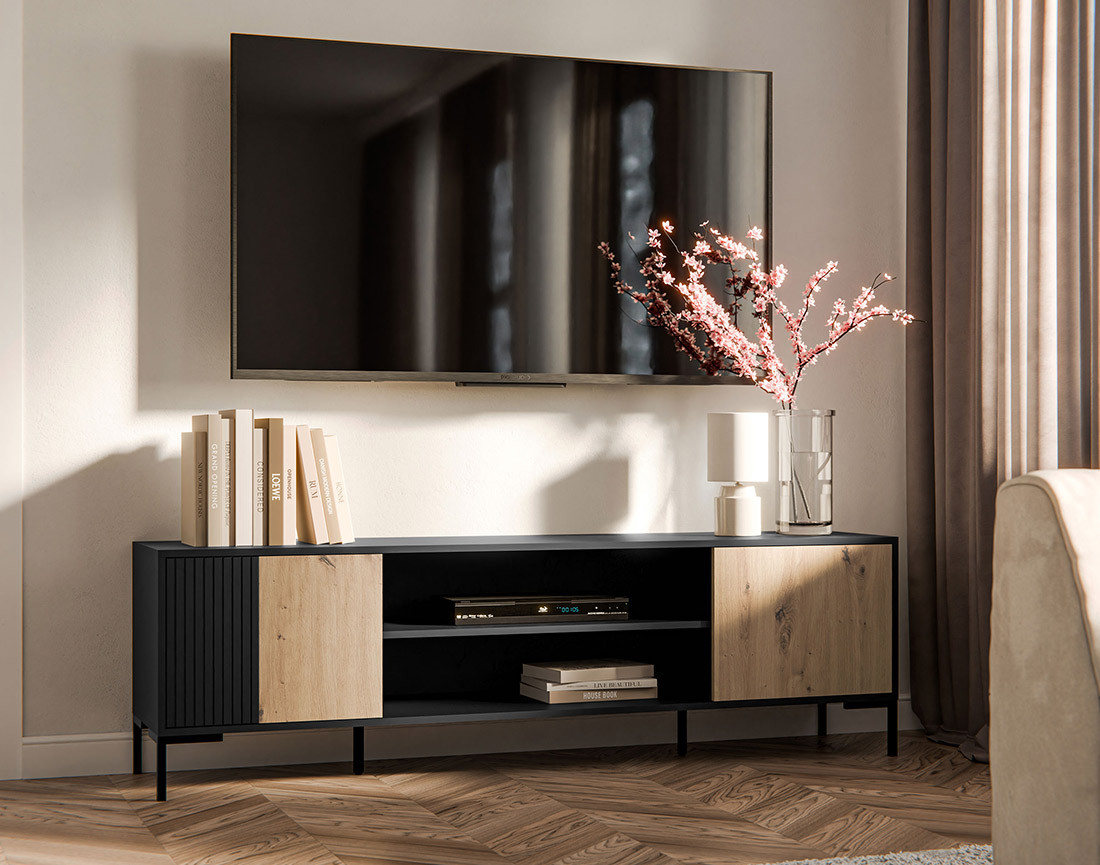 Meuble TV bois et noir 2 portes et 2 niches 180 cm Cambridge