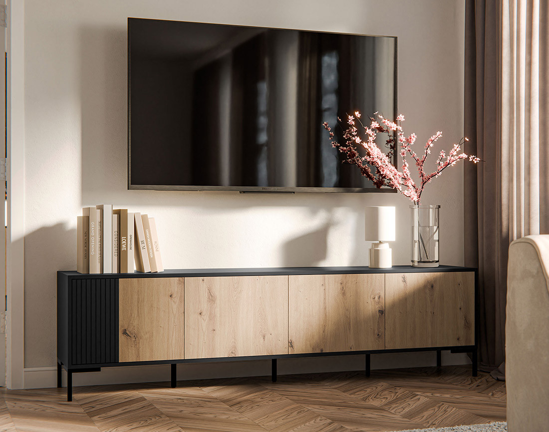 Meuble TV bois et noir 4 portes 200 cm Cambridge