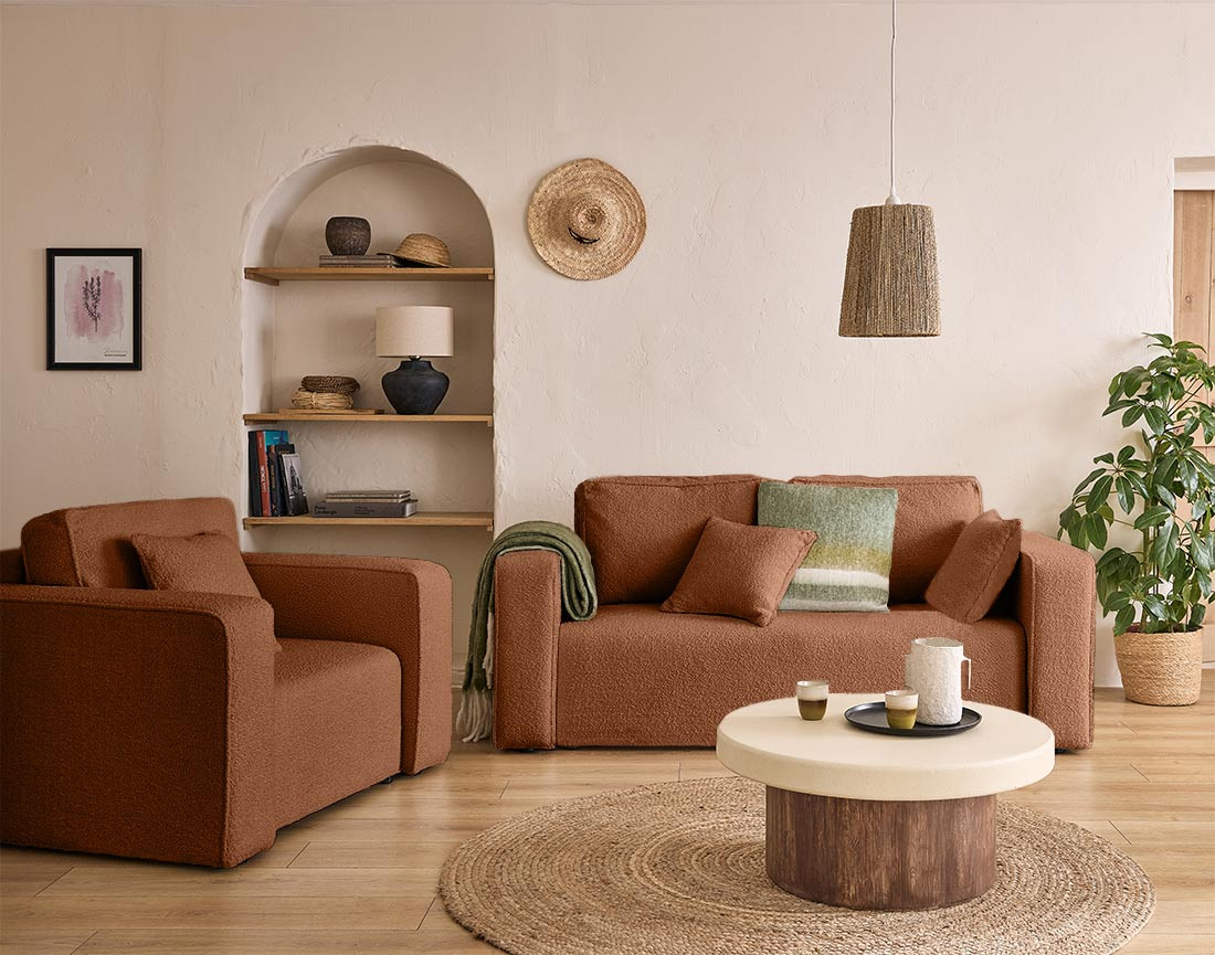 Canapé droit 2 places en tissu bouclette Topaze