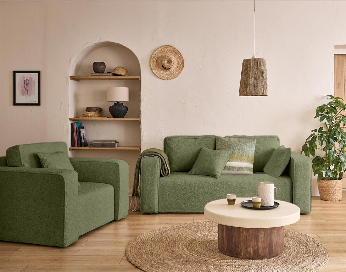 Canapé droit 2 places en tissu bouclette Topaze