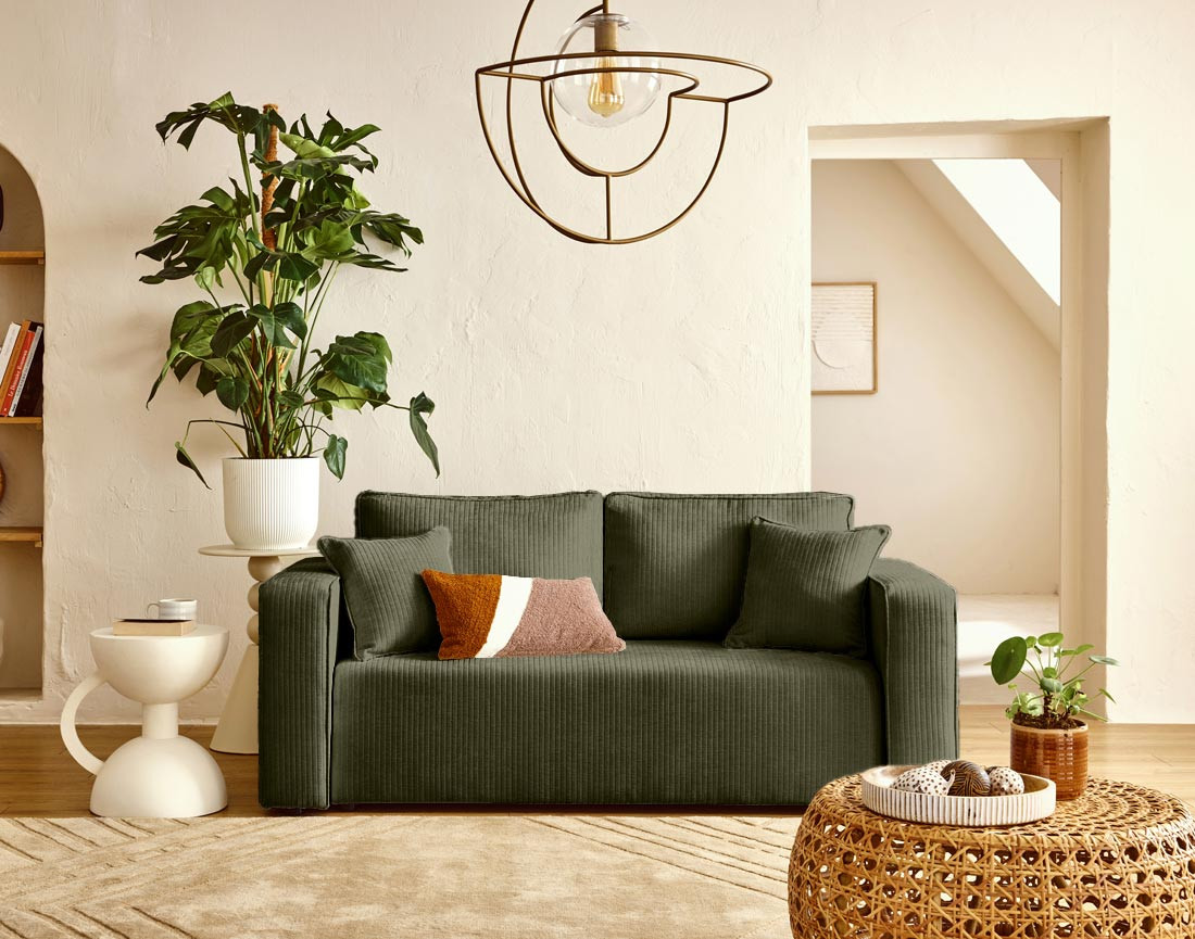 Canapé droit 2 places en velours côtelé plat Topaze