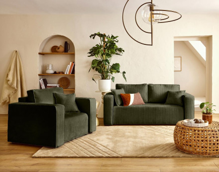 Canapé droit 2 places en velours côtelé plat Topaze