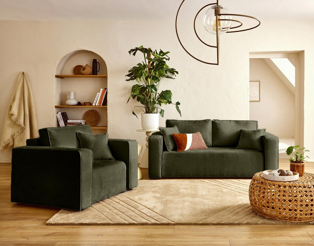 Canapé droit 2 places en velours côtelé plat Topaze