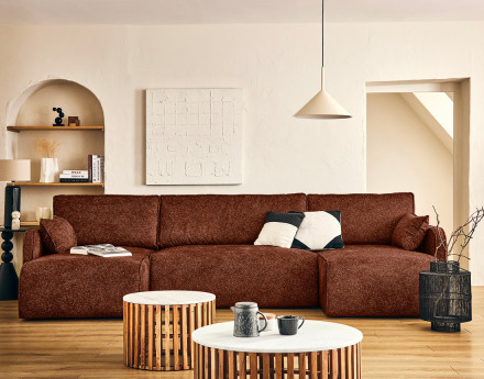 Canapé panoramique en U 7 places convertibles avec coffres en tissu moucheté Apolline