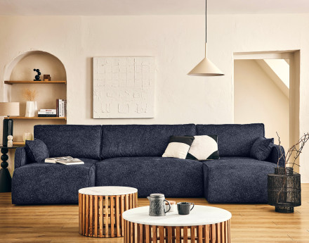 Canapé panoramique en U 7 places convertibles avec coffres en tissu moucheté Apolline