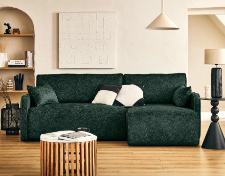 Canapé d'angle réversible 4 places convertible avec coffres en tissu moucheté Apolline