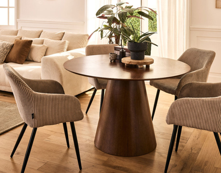 Table à manger ronde bois foncé 120 cm 4 à 6 personnes Toledo