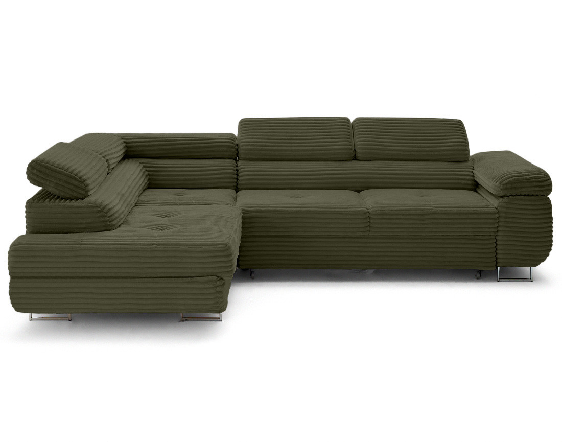 Canapé d'angle gauche 5 places convertible avec coffre et têtières en velours côtelé grosses côtes Zaria