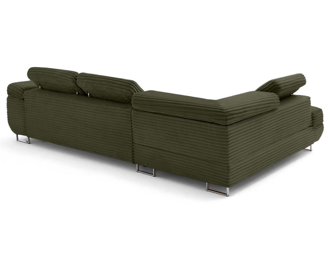 Canapé d'angle gauche 5 places convertible avec coffre et têtières en velours côtelé grosses côtes Zaria