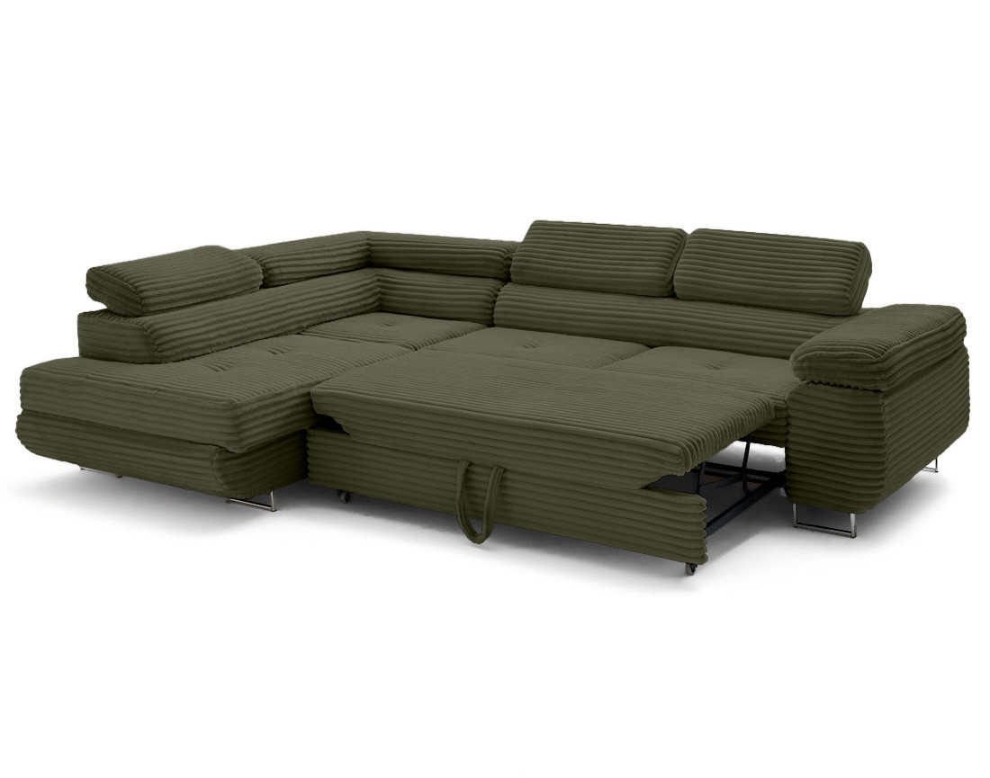 Canapé d'angle gauche 5 places convertible avec coffre et têtières en velours côtelé grosses côtes Zaria