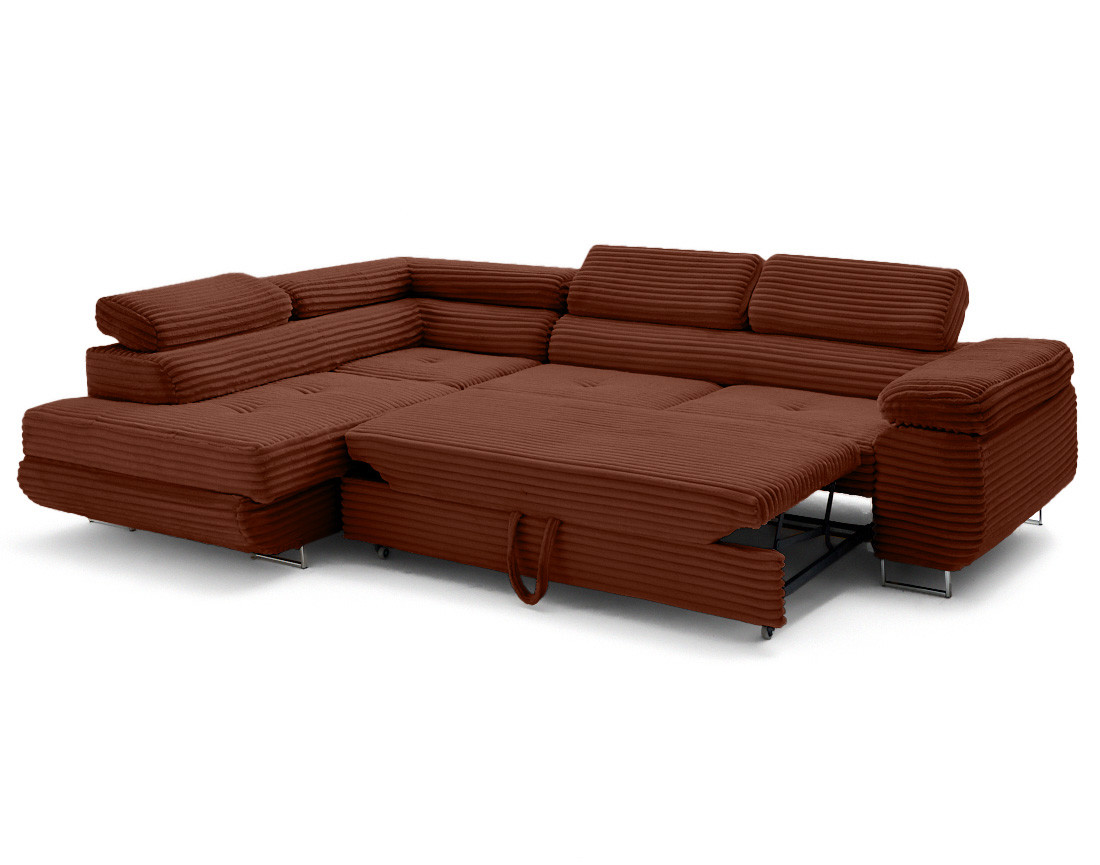 Canapé d'angle gauche 5 places convertible avec coffre et têtières en velours côtelé grosses côtes Zaria