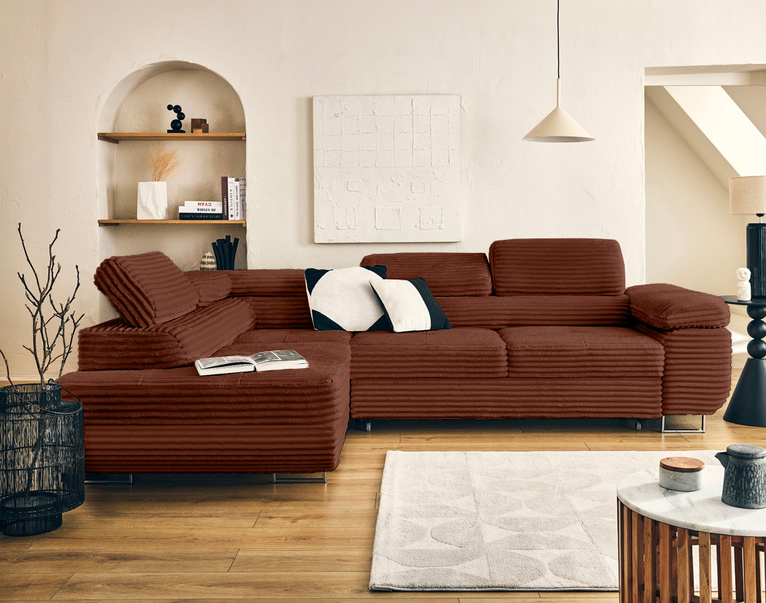 Canapé d'angle gauche 5 places convertible avec coffre et têtières en velours côtelé grosses côtes Zaria